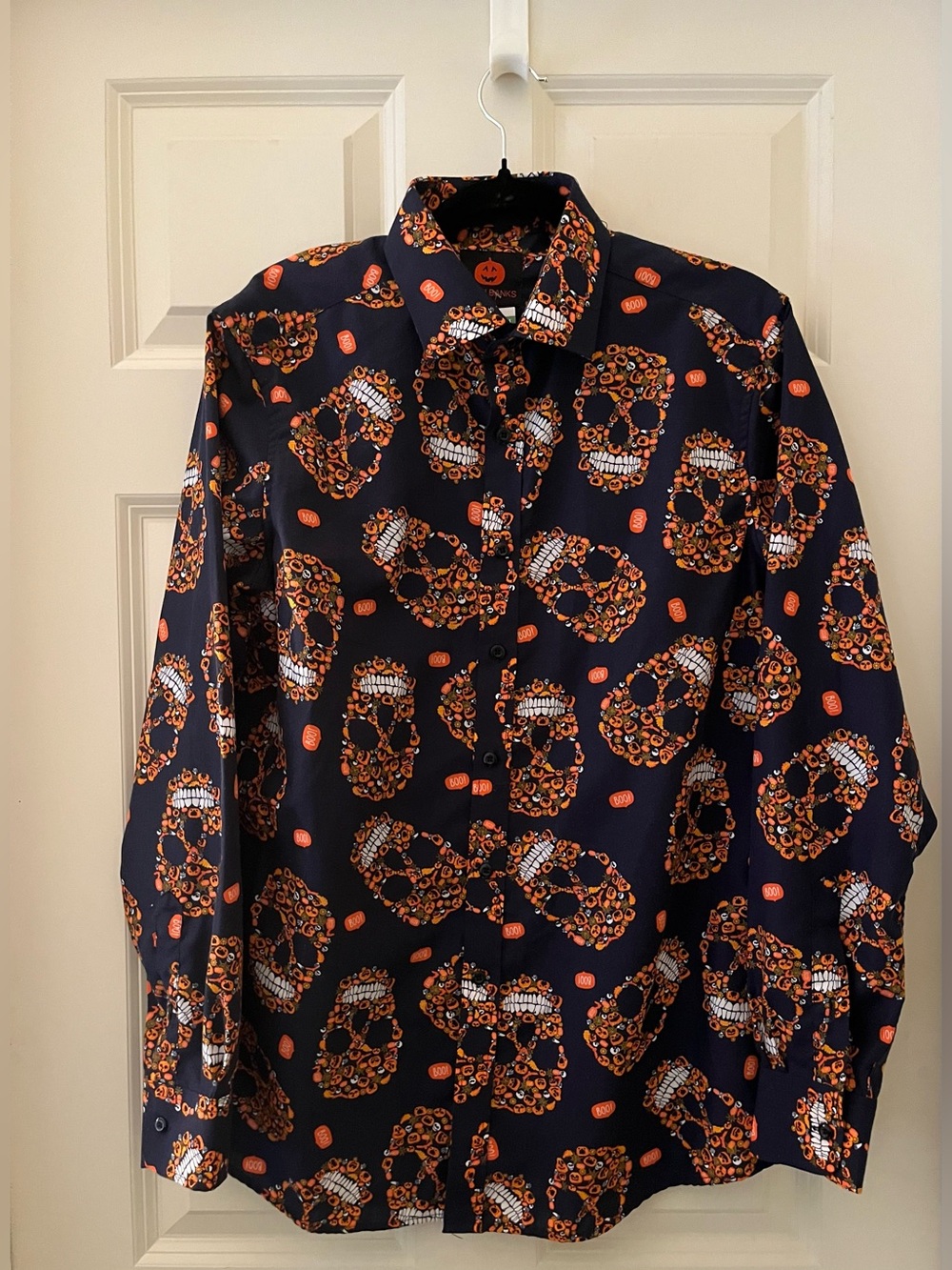 Men’s Simon Banks Blue & Orange
Pumpkin Skull Button Down goth Halloween punk M